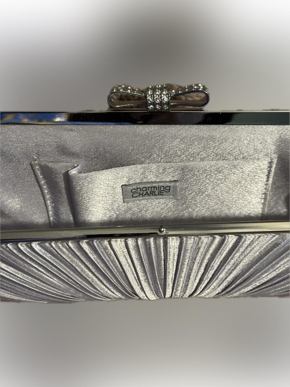 Charming Charlie Silver Pearl Textured Fan Fold Crystal Gems Bow Top Clutch - Picture 5 of 10